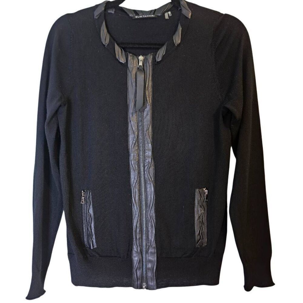 Elie Tahari merino wool black cardigan with leather trim. S #905